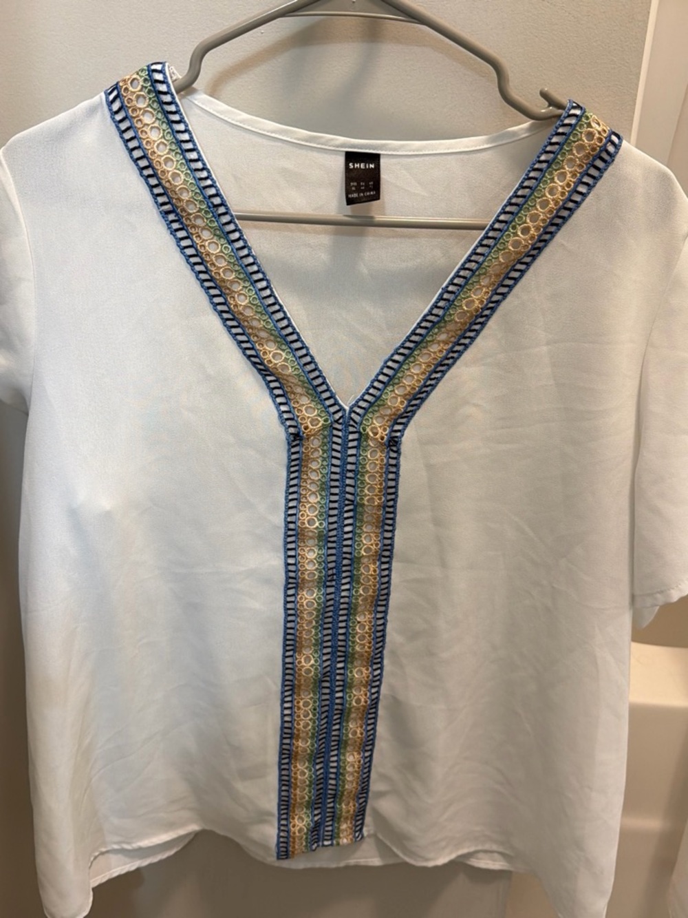 SHEIN White V-Neck Tunic with Blue and Gold Embroidered Trim